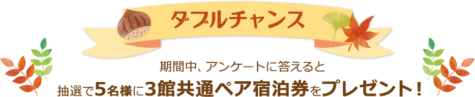 ダブルチャンス　期間中にアンケートに答えると抽選で5名様に3館共通ペア宿泊券をプレゼント！